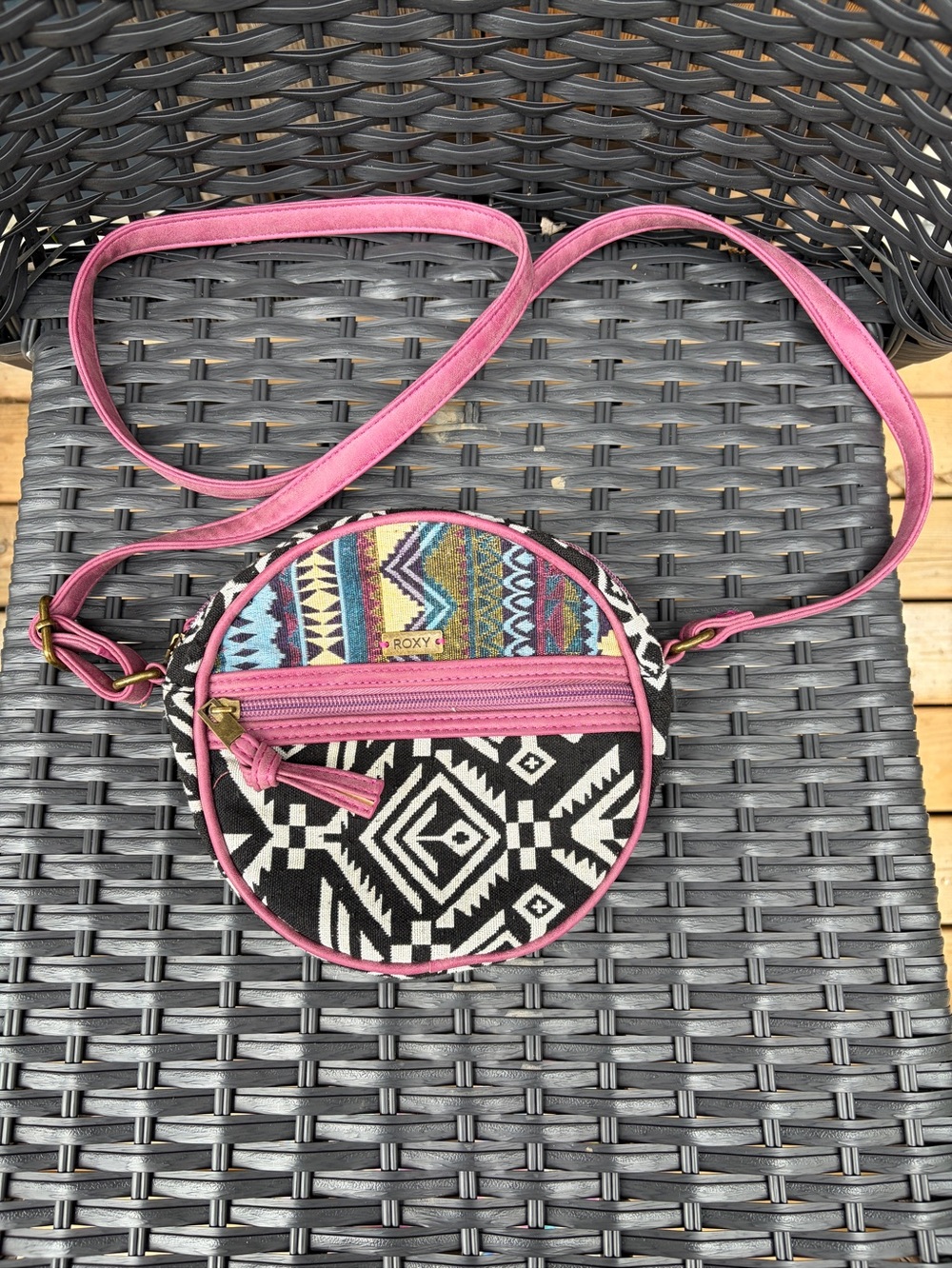 Roxy Round Crossbody with Pink Trim and Multicolor Aztec Panel